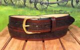 Geometric Embossed Leather Belt # 2 in Medium Brown Antique Finish with 1-1/2" Solid Brass Buckle
