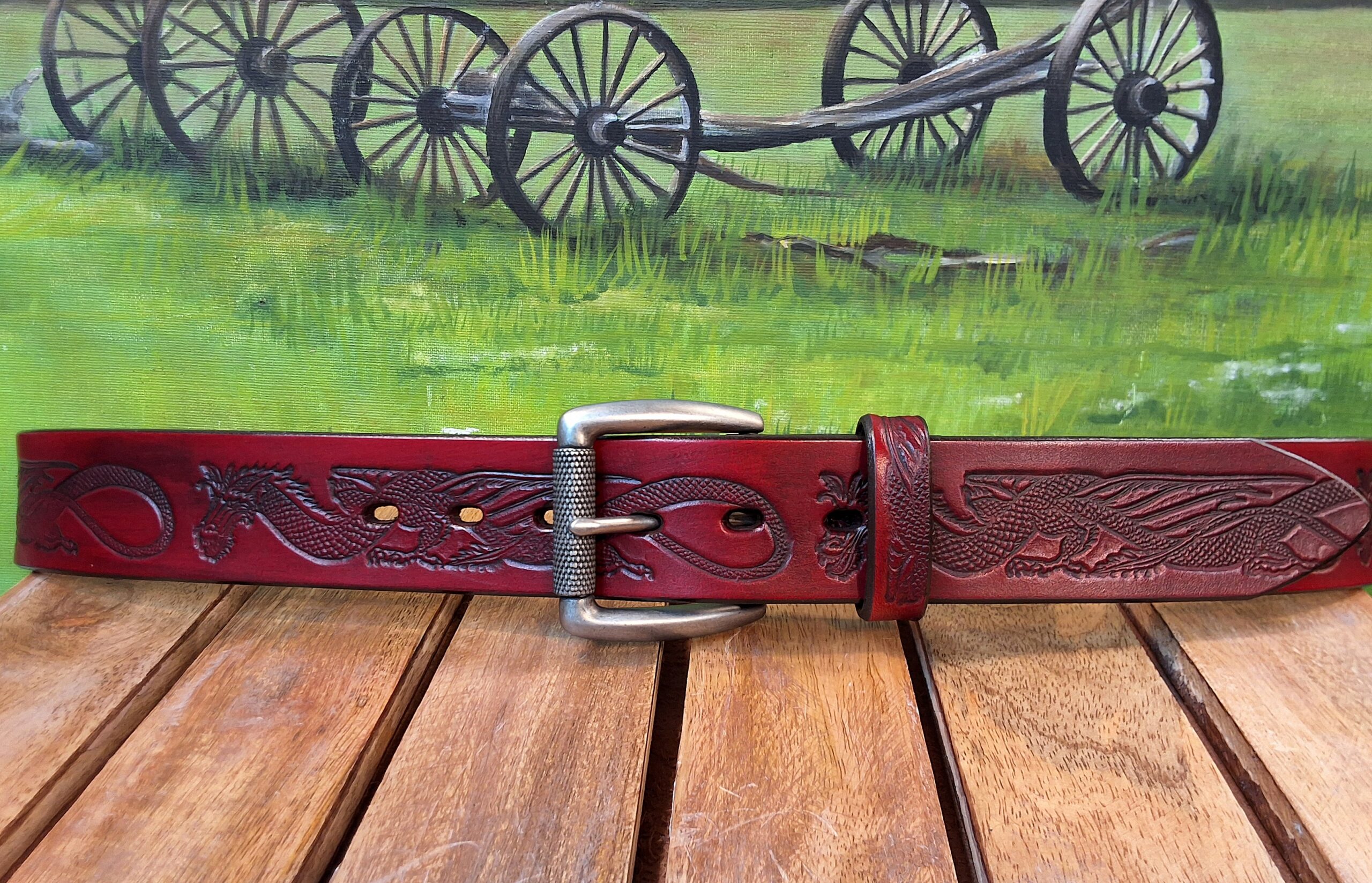 Dragon Embossed Leather Belt in Antique Red Finish Rub with 1-1/2" Antique Silver Texture Roller Bar Buckle