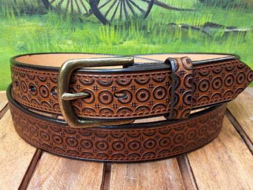 Artisan Handcrafted Geometric Embossed Leather Belt in Tan Two Tone with 1-3/8" Antique Brass Buckle Artisan Handcrafted Geometric Embossed Leather Belt in Tan Two Tone with 1-3/8" Antique Brass Buckle