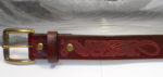 Dragon Embossed Leather Belt in Red Cherry Antique Hand Dye with Antique Brass Textured Roller Bar Buckle