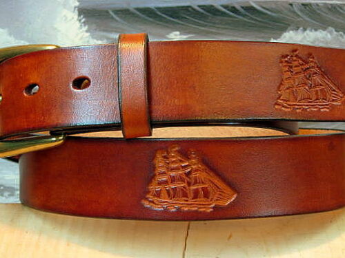Artisan Handcrafted Hand Tooled Clipper Ship Sailing Leather Belt in Medium Brown Antique Hand Dye with Solid Brass Buckle