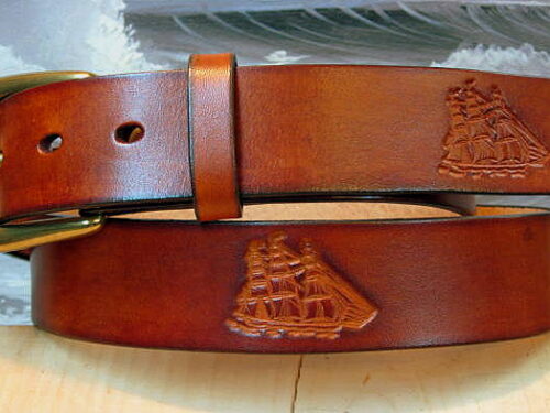 Tooled Clipper Ship Leather Belt