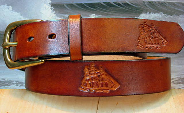 Tooled Clipper Ship Leather Belt