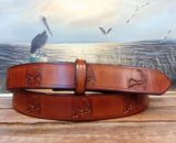Cape Cod Map Embossed Leather Belt in Tan Hand Dye