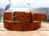 Cape Cod Island Map Embossed Leather Belt in Tan Antique Finish with 1-3/8" Antique Brass Buckle
