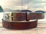 Cape Cod Island Map Embossed Leather Belt in Medium Brown Antique Finish with 1-3/8" Antique Brass Buckle