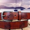 Cape Cod Map Embossed Leather Belt in Mahogany Hand Dye