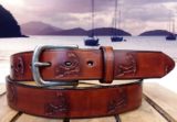 Cape Cod Island Map Embossed Leather Belt in Mahogany Antique Hand Dye with 1-3/8" Antique Nickel Buckle