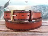 Rope Edge Embossed Leather Belt in Tan Antique Finish with 1-3/8" Natural Brass Buckle