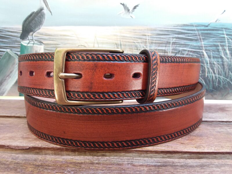 Rope Edge Leather Belt in Tan Antique Finish