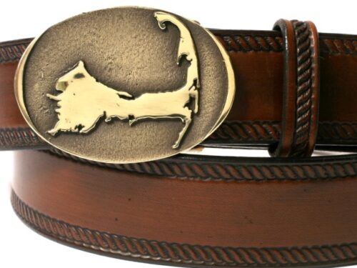 Cape Cod Island Map Rope Edge Embossed Leather Belt in Tan Antique Finish with Solid Brass Buckle