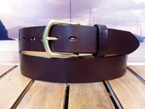 French Connection Hand Dyed Leather Belt in Mahogany Hand Dye with Natural Brass
