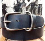 Merek Crazy Horse Distressed Men’s Leather Belt in Back with Antique Silver Buckle