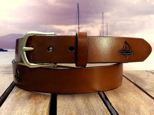 Artisan Handcrafted Sloop John B Sailing Leather Belt in Tan Antique Hand Dye Finish with 1-1/4" Natural Brass Buckle