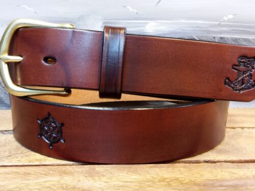 Sea Captains Leather Belt in Mahogany Antique Finish with 1-1/2" Natural Brass