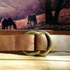 Double Ring Leather Cinch Belt in Crazy Horse Mustang Leather with Natural Brass