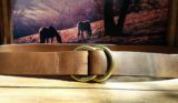 Double O Ring Leather Cinch Belt in Crazy Horse Mustang Leather with Natural Brass Rings