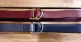 Double O Ring Leather Cinch Belt in Bordeaux Softie with Natural Brass Rings and Blue Softie with Nickle Matte Rings