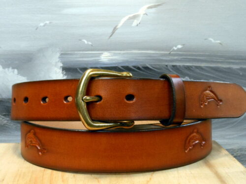 Hand Tooled Leather Dolphin Belt in Tan Antique Hand Dye with 1-1/4" Natural Brass Buckle