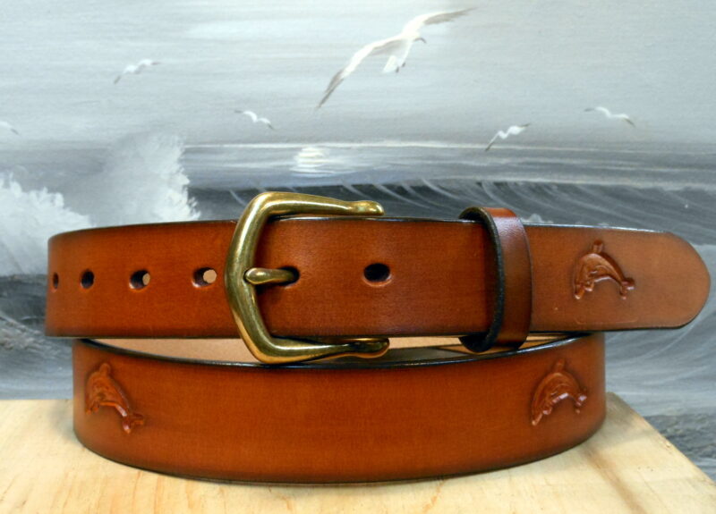 Hand Tooled Leather Dolphin Belt in Tan Antique Hand Dye with 1-1/4" Natural Brass Buckle