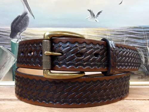 Basket Weave Leather Belt in Medium Brown Antique Finish with 1-1/2" Textured Antique Roller Bar Buckle