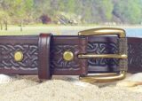 Celtic Knot Embossed Leather Belt in Med Brown with 1-1/2" Antique Brass Textured Roller Bar Buckle