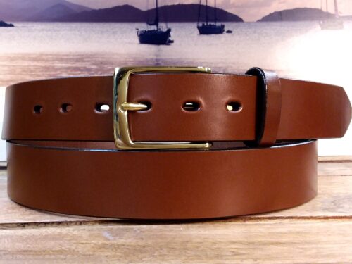 English Bridle Casual Leather Belts shown in Conker Tan with Polished 1-3/8"Solid Brass Buckle