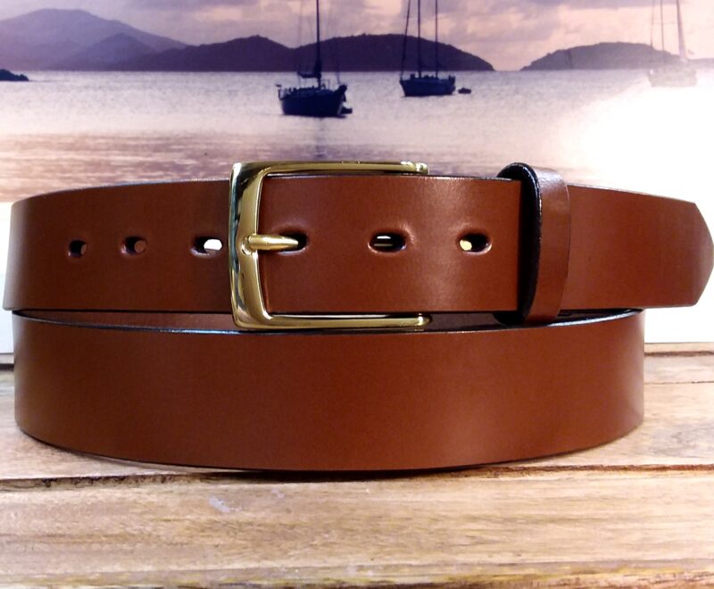 English Bridle Casual Leather Belts shown in Conker Tan with Polished 1-3/8"Solid Brass Buckle