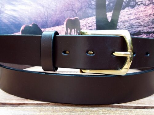 English Bridle Dress Belt in Choco 1-1/4" Polished Brass
