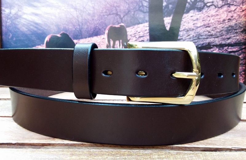 English Bridle Dress Belt in Choco 1-1/4" Polished Brass