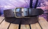 Vintage Glazed Buffalo Leather Belt in Brown with Antique Brass Buckle