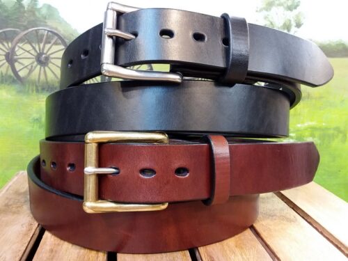 Concealed Gun Carry and Leather Work Belt in Black and Walnut Bridle Leather with 1-1/2" Solid Brass and Stainless Steel Roller Bar Buckles
