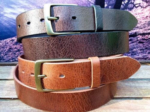 Glazed Leather Belts in Brown and Tan with 1-3/8" Antique Brass