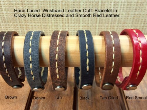 Hand Laced Wristband Leather Cuff Bracelet in Crazy Horse Distressed and Smooth Red Leather