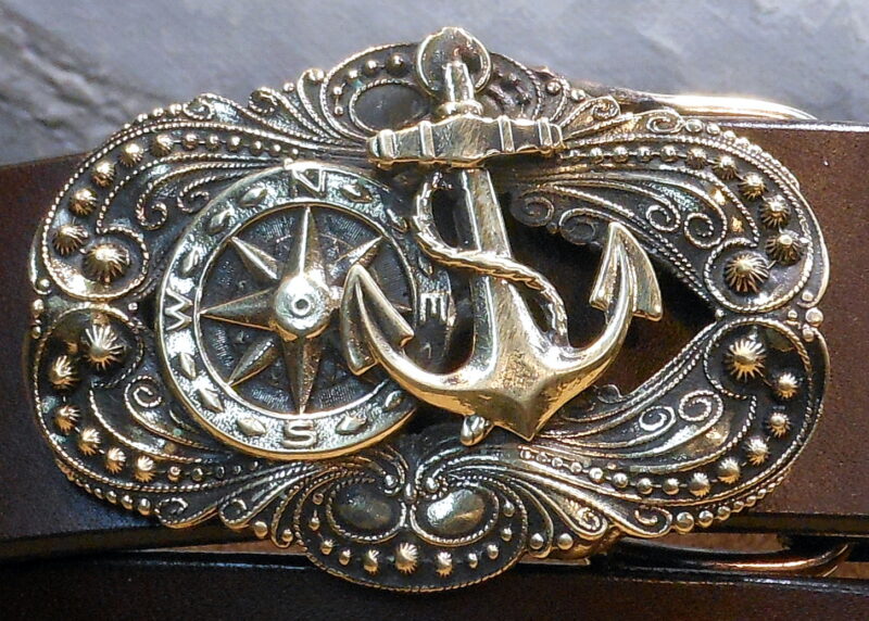 Compass Rose Anchor Buckle on etched background in Solid Brass