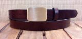 Cape Cod Rectangle Plaque Leather Belt on 1" Walnut Harness Leather in Solid Brass