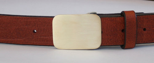 Cape Cod Rectangle Plaque Belt in Brushed Brass on 1-1/4" Tan Leather