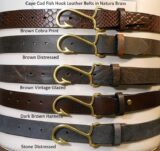Cape Cod Fish Hook Leather Belts in Natural Brass