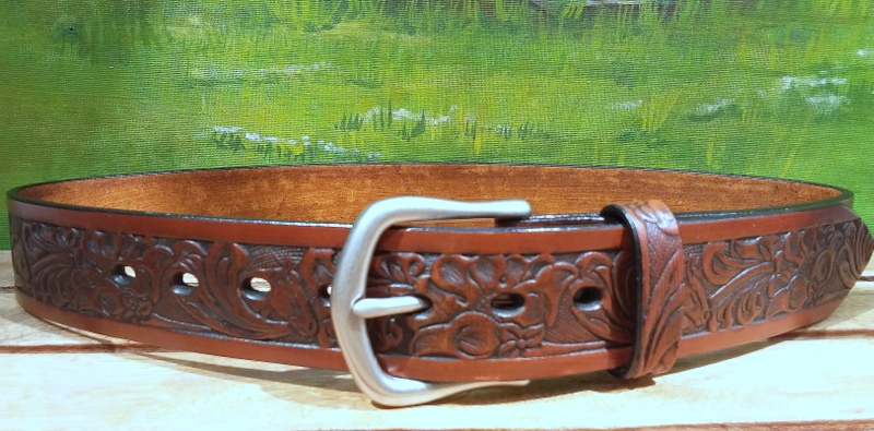 Horse Floral Leather Belt in Tan Antique Finish