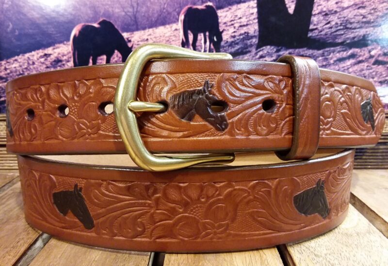 Horse Floral Embossed Leather Belt in Two Tone Tan with Natural Brass