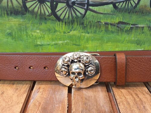 Greatful Dead Bertha Leather Belt in Cognac Aztec with Handcrafted Solid Brass Buckle