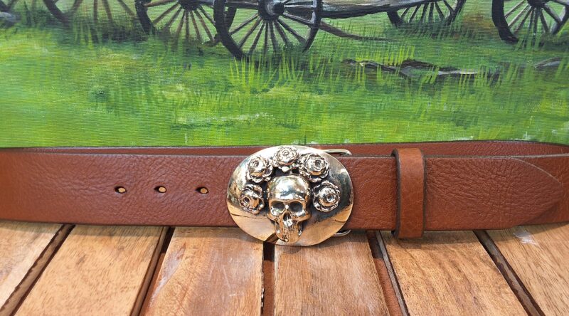 Greatful Dead Bertha Leather Belt in Cognac Aztec with Handcrafted Solid Brass Buckle