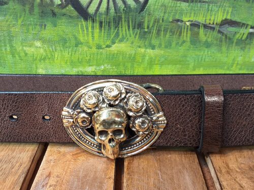 Greatful Dead inspired Bertha Leather Belt in Solid Brass on 1-1/2" Vintage Glazed Brown