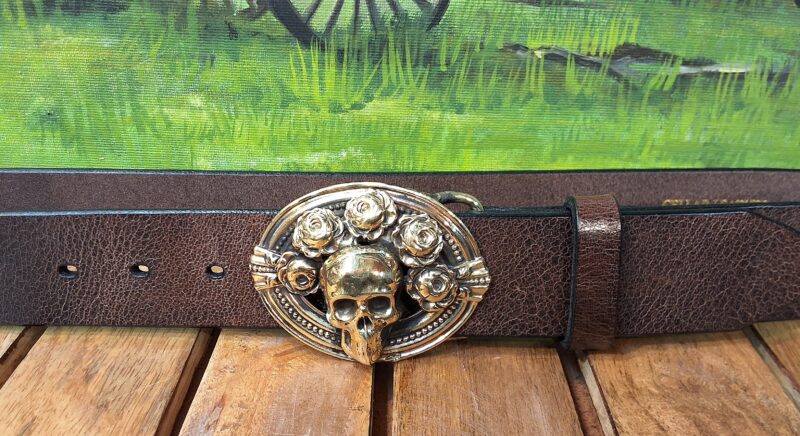 Greatful Dead inspired Bertha Leather Belt in Solid Brass on 1-1/2" Vintage Glazed Brown