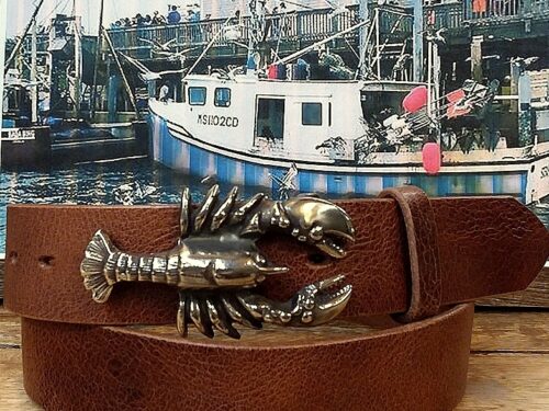 Artisan Handcrafted Maine Lobster Buckle Leather Belt in Red Bronze on Tan Vintage Glazed Leather Artisan Handcrafted Maine Lobster Buckle Leather Belt in Red Bronze on Tan Vintage Glazed Leather