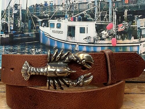 Maine Lobster Leather Belt in Red Bronze on Tan Vintage Glazed Leather