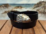 Lieutenant Island Oyster Wellfleet Leather Belt on Black Aztec with White Bronze Silver Buckle