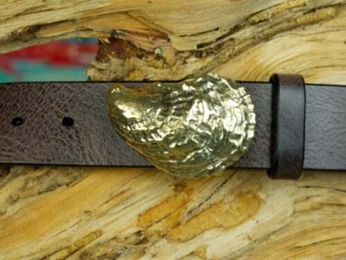 Chapoquoit Oyster, West Falmouth Harbor Leather Belt in Solid Brass on Brown Vintage Glazed