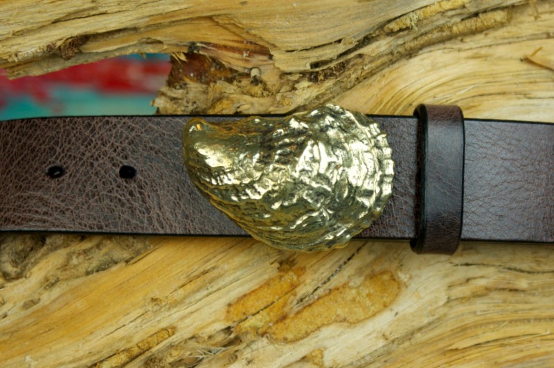 Chapoquoit Oyster, West Falmouth Harbor Leather Belt in Solid Brass