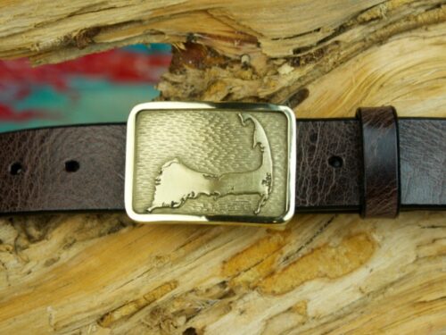 Cape Cod Map Leather Belt on Brown Vintage Glazed in Solid Brass